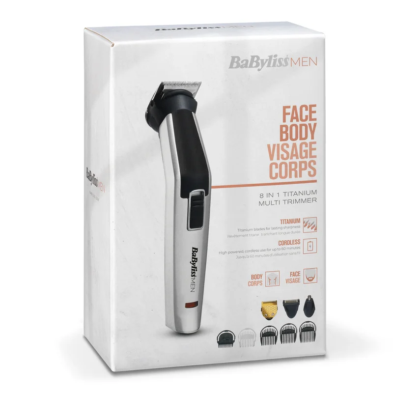 babyliss 8-In-1 Multi-Trimmer | Easy-To-Use Design | Titanium Blades For Precise Cutting | Cordless Operation  | 60 Mins of Runtime | Washable Cutting Heads MT726SDE Silver/Black/White