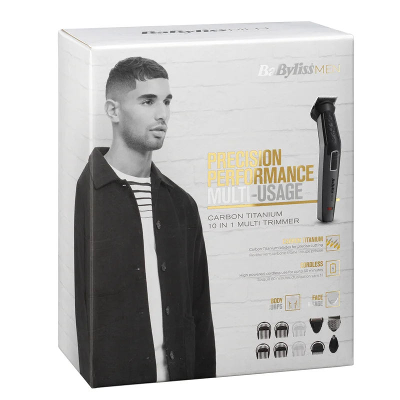 babyliss Carbon Titanium 10-in-1 Multi Trimmer For Men | 200 grams Lightweight Design | High Power 60 Minutes Cordless Use | Attachments For Multiple Body Hair Trim & Washable Heads | MT727SDE Grey/Black