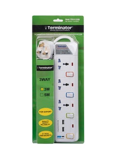 Terminator 3 Way Power Extension Socket With 2 USB Port White 3meter 
