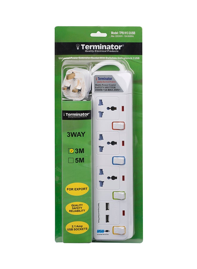 Terminator 3 Way Power Extension Socket With 2 USB Port White 3meter 