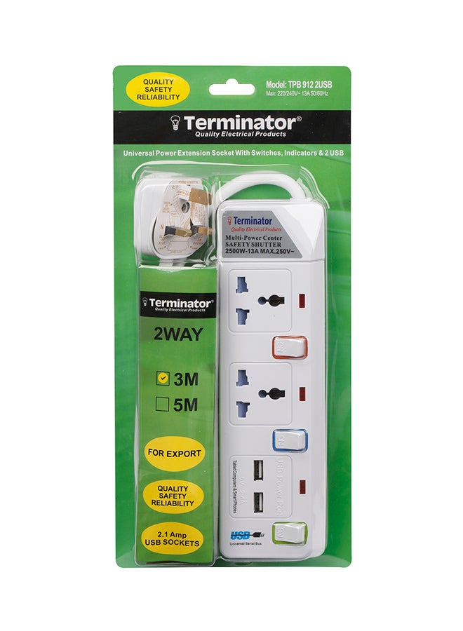 Terminator 2 Way Power Extension Socket With 2 USB Port White 3meter