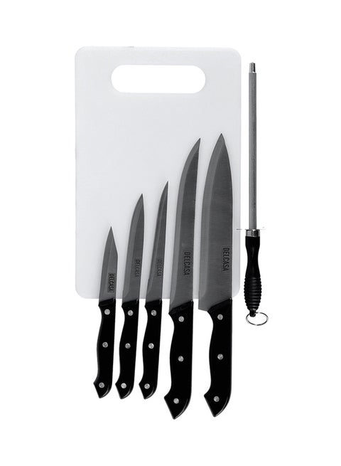 7-Piece Kitchen Knife With Plastic Cutting Board Set Black/Silver/White