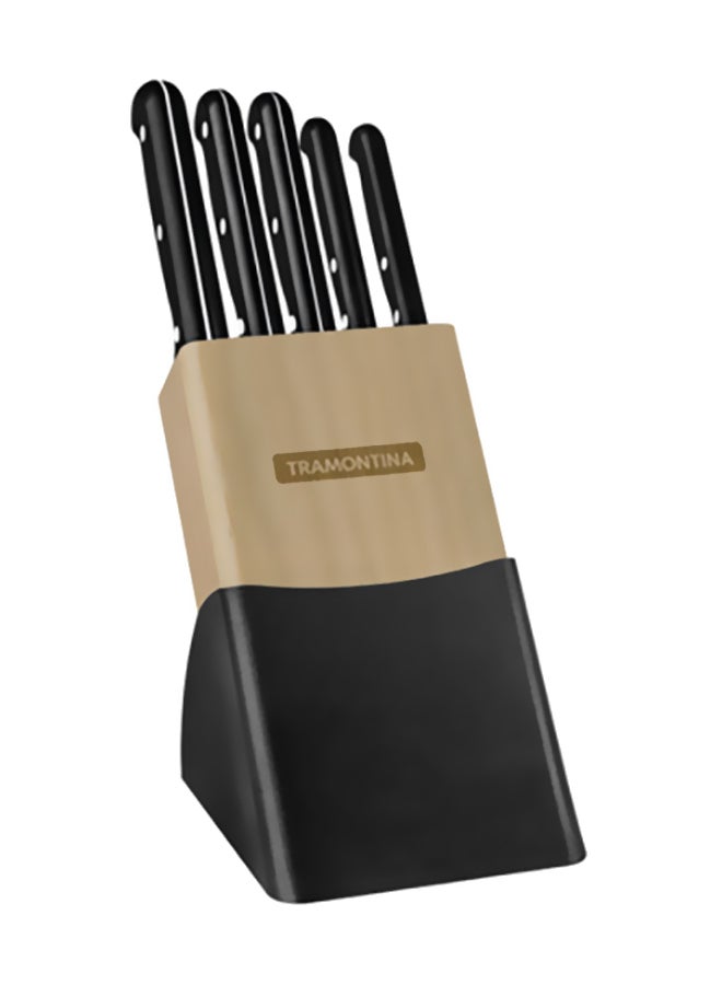 TRAMONTINA 6-Piece Cutlery Set With Wooden Block Antibacterial Handles Black/Beige/Silver 25.5x14x6cm  - Image 1