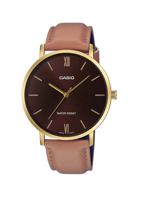 Men's Leather Analog Wrist Watch MTP-VT01GL-5BUDF - 40 mm - Brown
