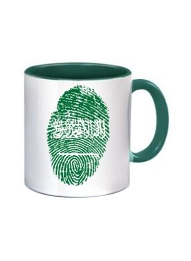 مج قهوة بطبعة اليوم الوطني السعودي أبيض/ أخضر غامق