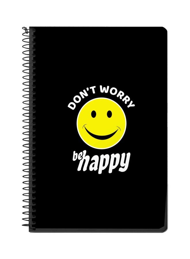 ستايلايزد دفتر ملاحظات بسلك لولبي مقاس A5 مطبوع بعبارة
"Don't Worry Be Happy" أسود/أصفر/أبيض