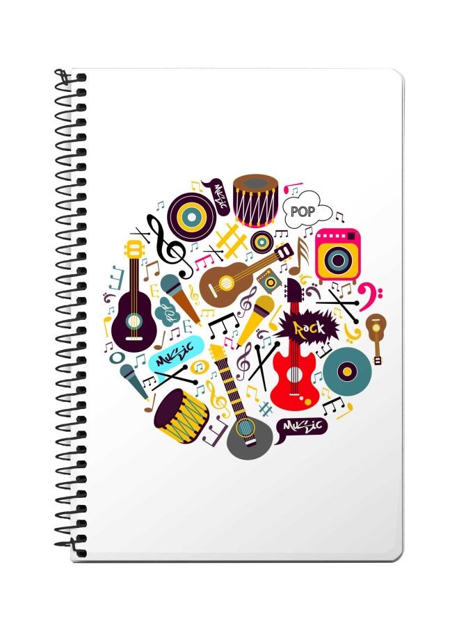 ستايلايزد دفتر ملاحظات بسلك حلزوني بطبعة أدوات موسيقية قياس A5 أبيض/أحمر/أرجواني