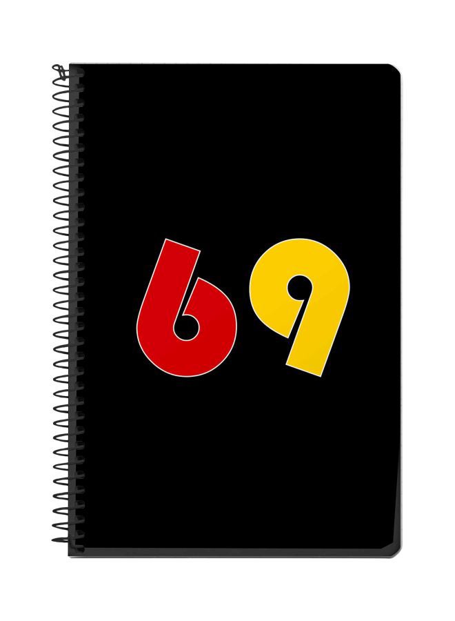 ستايلايزد دفتر ملاحظات بسلك حلزوني مقاس A5 مطبوع برقم "69" أسود/ أحمر/ أصفر