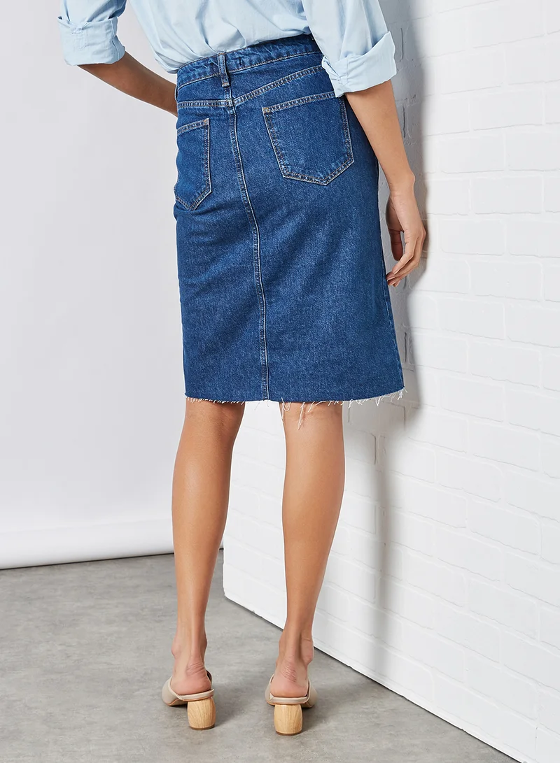 trendyol Frayed Hem Denim Skirt Blue