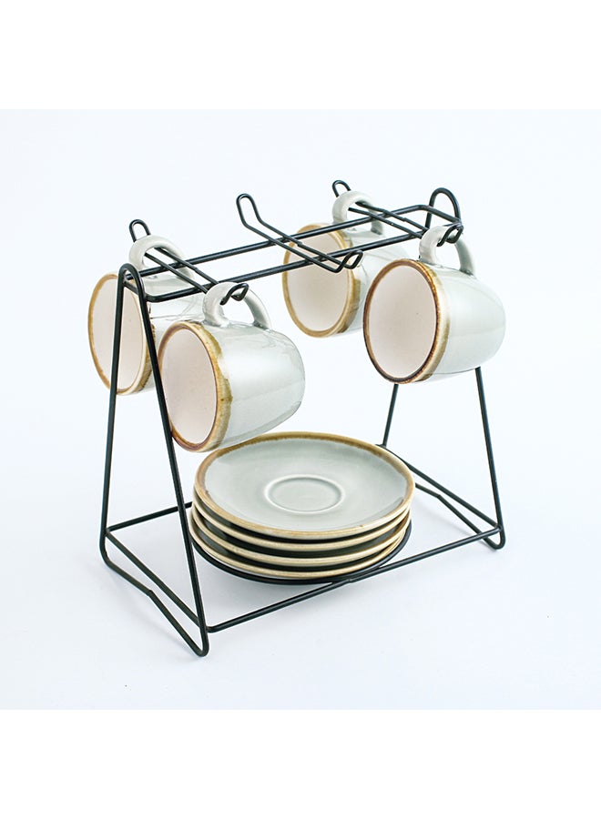 Shuer 9-Piece Cups And Saucers Set With Stand White/Black 80ml - Image 3