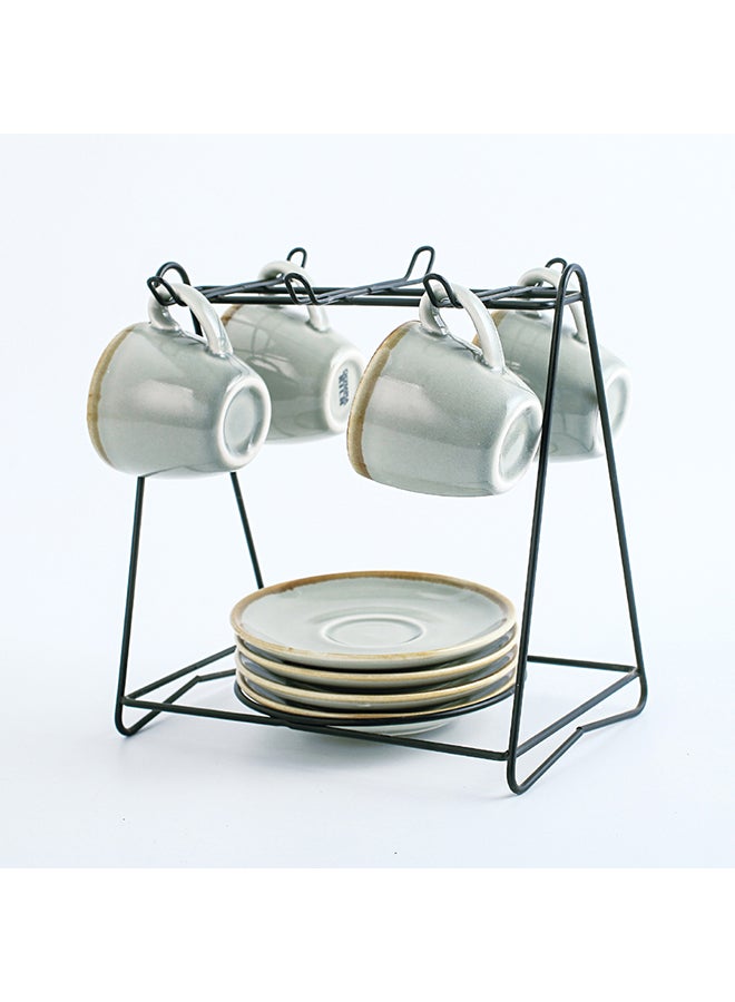 Shuer 9-Piece Cups And Saucers Set With Stand White/Black 80ml - Image 2