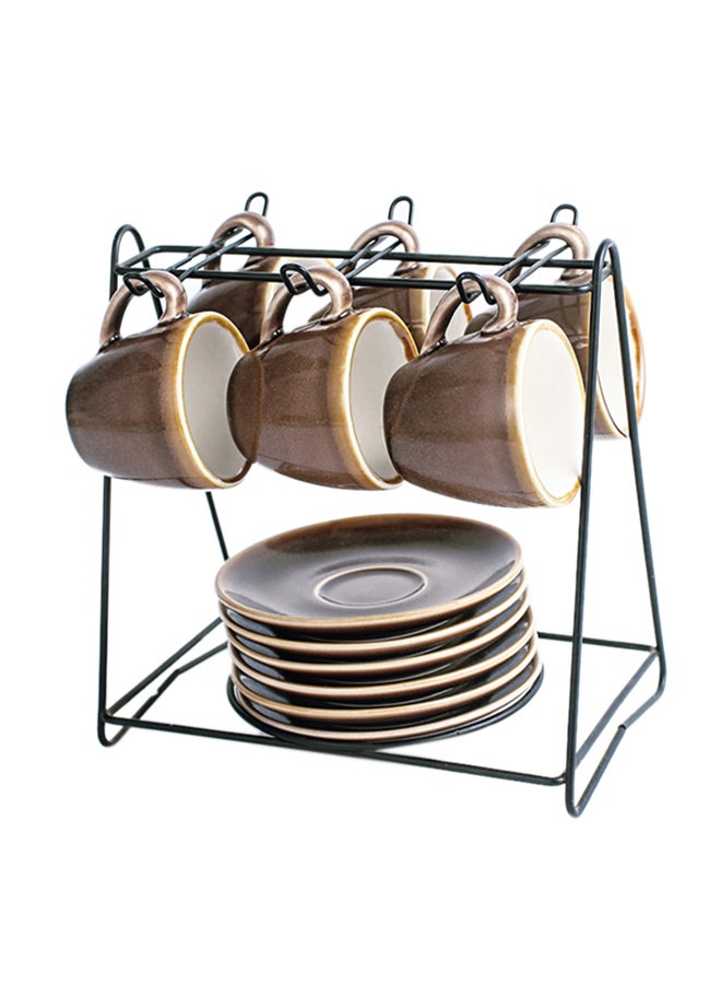 Shuer 13-Piece Cups And Saucers Set With Stand Brown - Image 1
