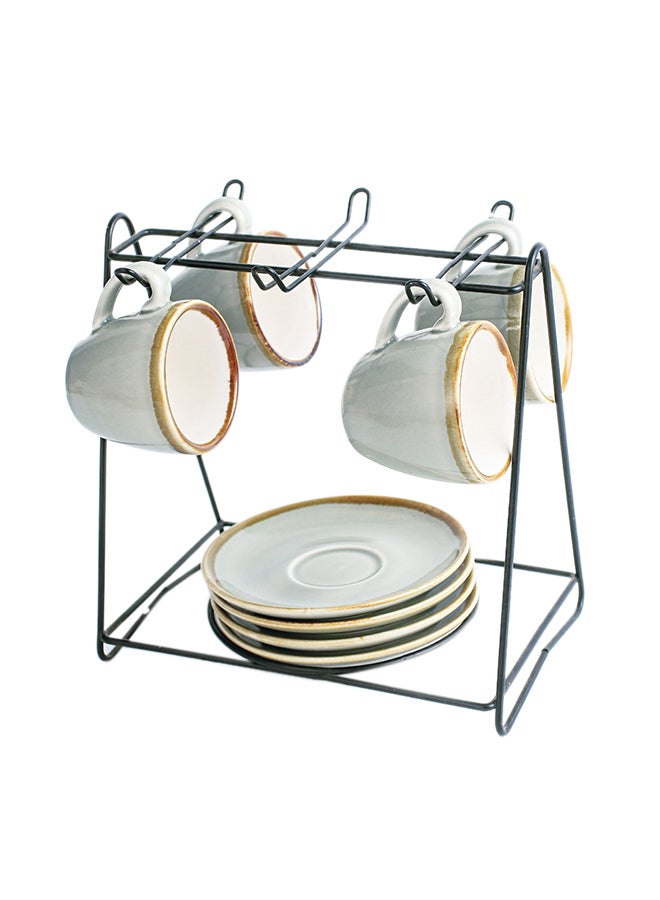 Shuer 9-Piece Cups And Saucers Set With Stand White/Black 80ml - Image 1