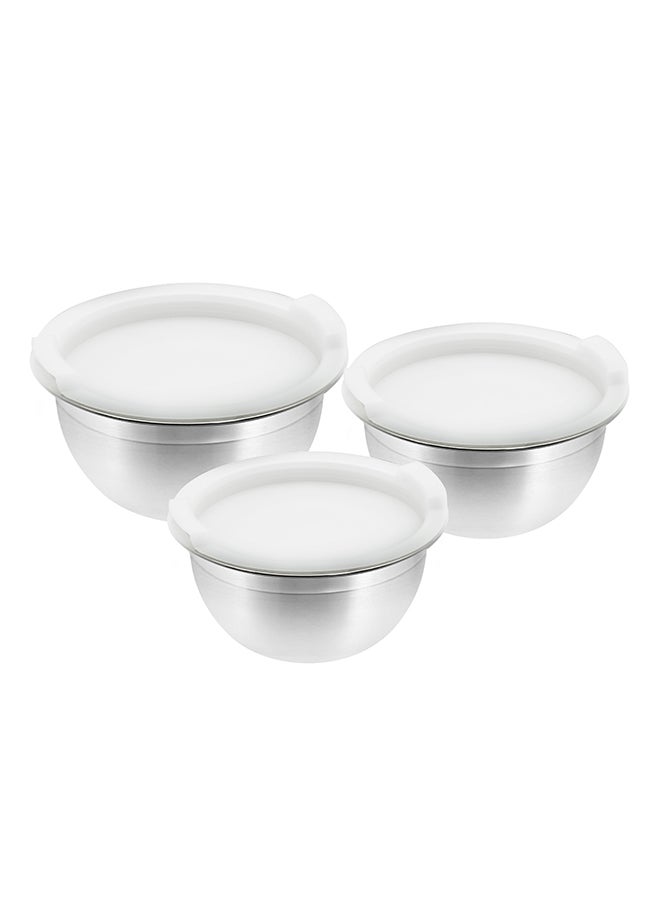 VINOD Raj Stainless Steel Mixing Bowl with Plastic Lid, 14 / 16 / 18 CM, VPI014, 3 Pieces Serving Bowl Set , Storage Container Set , Meal Prep Containers with Lid Silver/White 14x16x18cm - Image 1