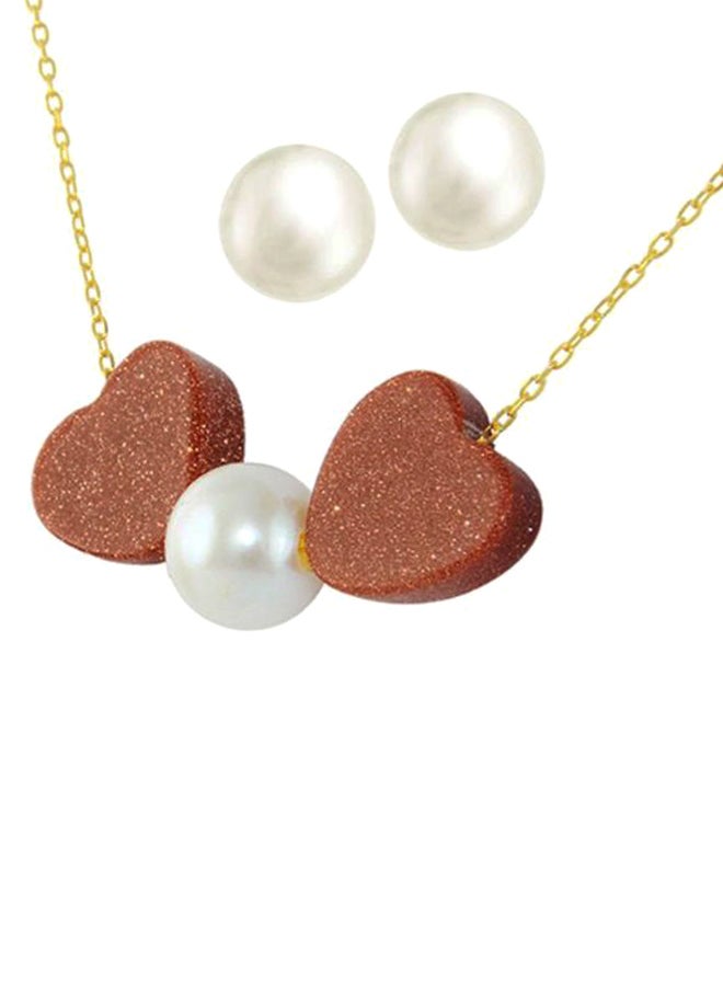 Vera Perla - 18 Karat Gold Heart Sandstone And Pearl Necklace And Earrings Set - Image 1