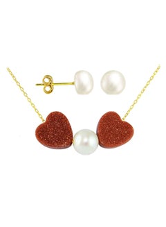 18 Karat Gold Heart Sandstone And Pearl Necklace And Earrings Set