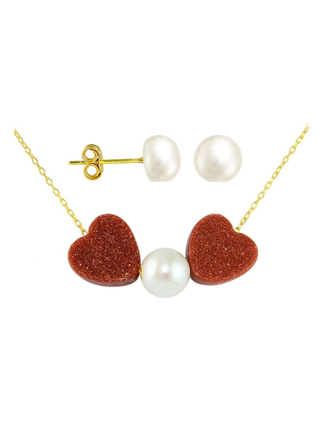 Vera Perla - 18 Karat Gold Heart Sandstone And Pearl Necklace And Earrings Set - Image 1