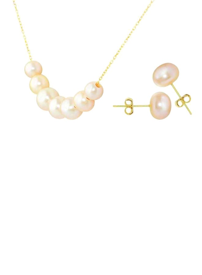 10 Karat Solid Gold Pearl Necklace And Earrings Set
