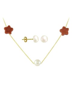 18 Karat Solid Gold Star Sunstones And Pearl Jewellery Set