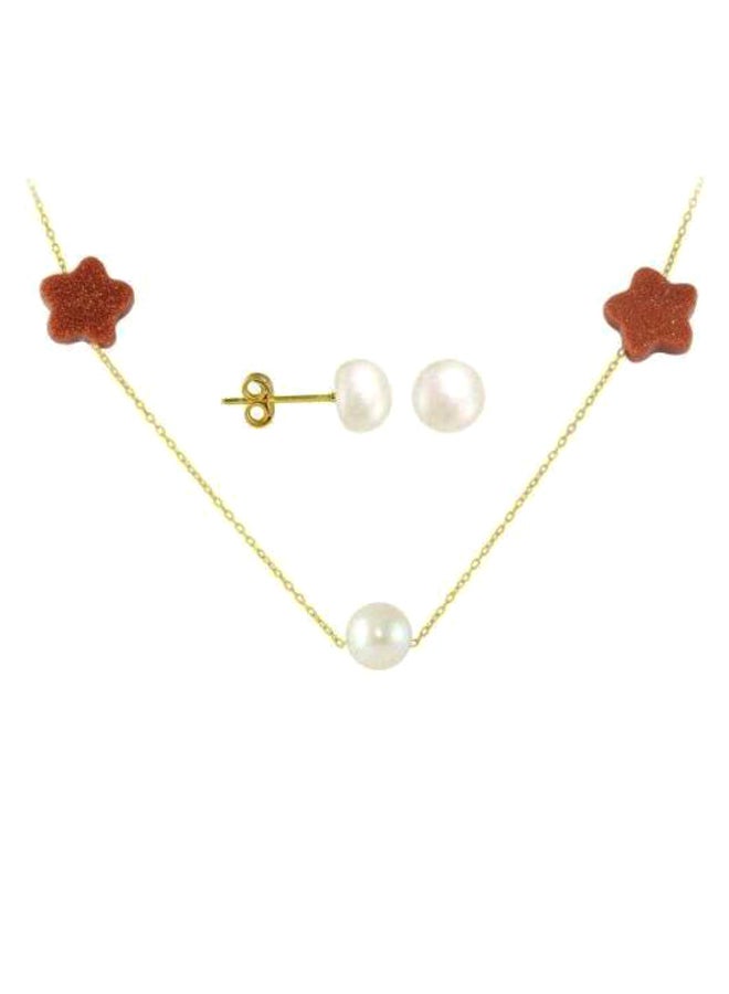 Vera Perla - 18 Karat Solid Gold Star Sunstones And Pearl Jewellery Set - Image 1
