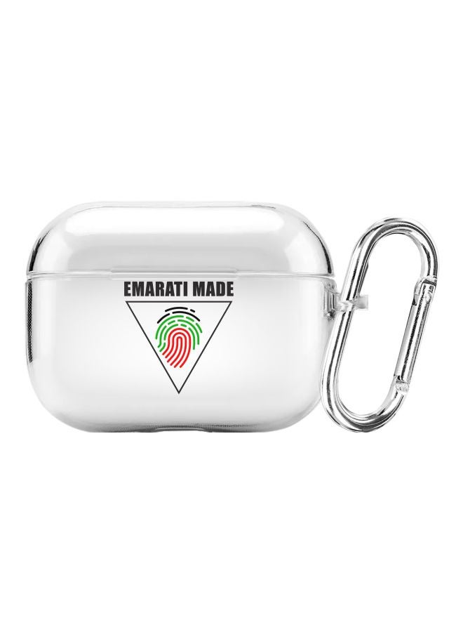 ستايلايزد غطاء حماية من سلسلة كلاسيك بطبعة مثلث وعبارة "Emarati Made" مع حلقة للتعليق لسماعة أبل آيربودز برو شفاف/أسود/أبيض - Image 1