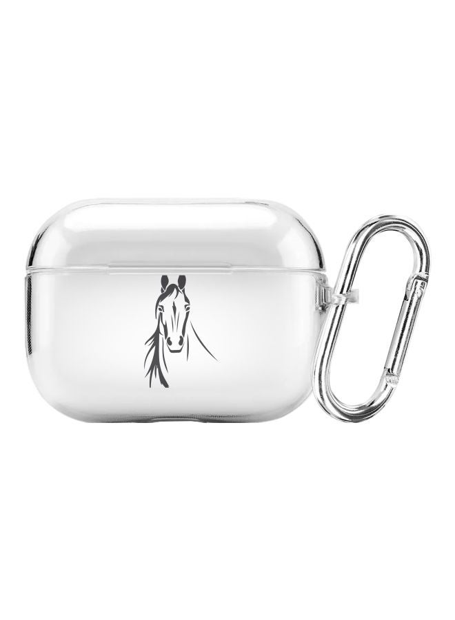 ستايلايزد غطاء بطبعة خيل عربي من سلسلة كلاسيك كلير مزود بحلقة بقفل زنبركي لسماعة أبل آيربودز برو شفاف/أسود/فضي - Image 1