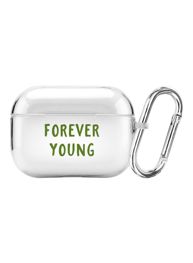 ستايلايزد غطاء حماية من سلسلة كلاسيك بنمط عبارة "Forever Young" مع مشبك للتعليق لسماعات أبل آيربودز برو شفاف/أخضر - Image 1