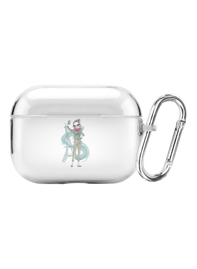 ستايلايزد غطاء حماية من سلسلة كلاسيك بطبعة فتاة تلتقط صورة سيلفي بالقرب من برج إيفل مع حلقة معدنية لسماعات أبل آيربودز برو شفاف/ رمادي/ بيج - Image 1