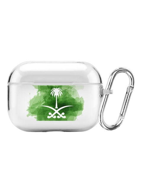 Classic Series Saudi Emblem Printed Protective Case With Carabiner For Apple AirPods Pro Clear/Green