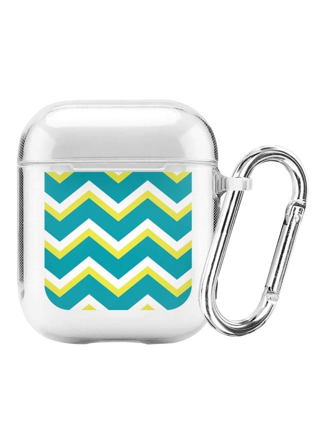 ستايلايزد غطاء حماية من سلسلة كلاسيك كلير بطبعة خطوط متعرجة ومزود بحلقة بقفل زنبركي لسماعات آيربودز أبل 2/ 1 شفاف/ أزرق/ أخضر - Image 1