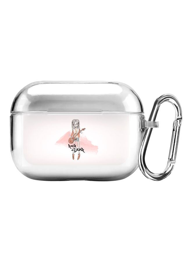 ستايلايزد غطاء حماية مزود بحلقة بطبعة فتاة وعبارة "Rockstar Girl" من سلسلة كلاسيك لسماعات أبل آيربودز برو شفاف/وردي/أسود - Image 1