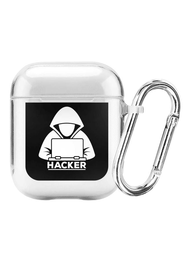 ستايلايزد حافظة حماية واقية من السلسلة كلاسيك مطبوع عليها كلمة Hacker مزودة بحلقة بقفل زنبركي لسماعات أبل آيربودز 1‏/2 شفاف/ أسود - Image 1