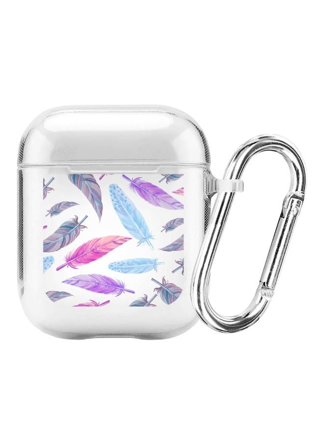 ستايلايزد غطاء حماية من سلسلة كلاسيك مزين بطبعة ريش ومزود بحلقة بقفل زنبركي لسماعات الأذن أبل آيربودز 1/2 شفاف / أزرق / وردي - Image 1