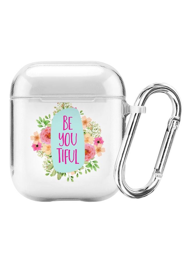 ستايلايزد حافظة واقية من مجموعة كلاسيك بنمط مطبوع عليه كلمات "Be You Tiful" ومزودة بمشبك تعليق لسماعة أبل آيربودز 2/ 1 شفاف/وردي/أزرق - Image 1