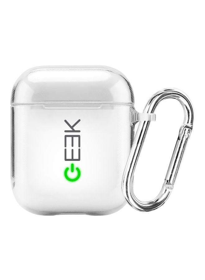 ستايلايزد غطاء حماية من سلسلة كلاسيك مزين بطبعة تعبر عن التشغيل وكلمة "Geek" ومزود بحلقة بقفل زنبركي لسماعات أبل آيربودز 1/ 2 لون شفاف/رمادي/أخضر - Image 1