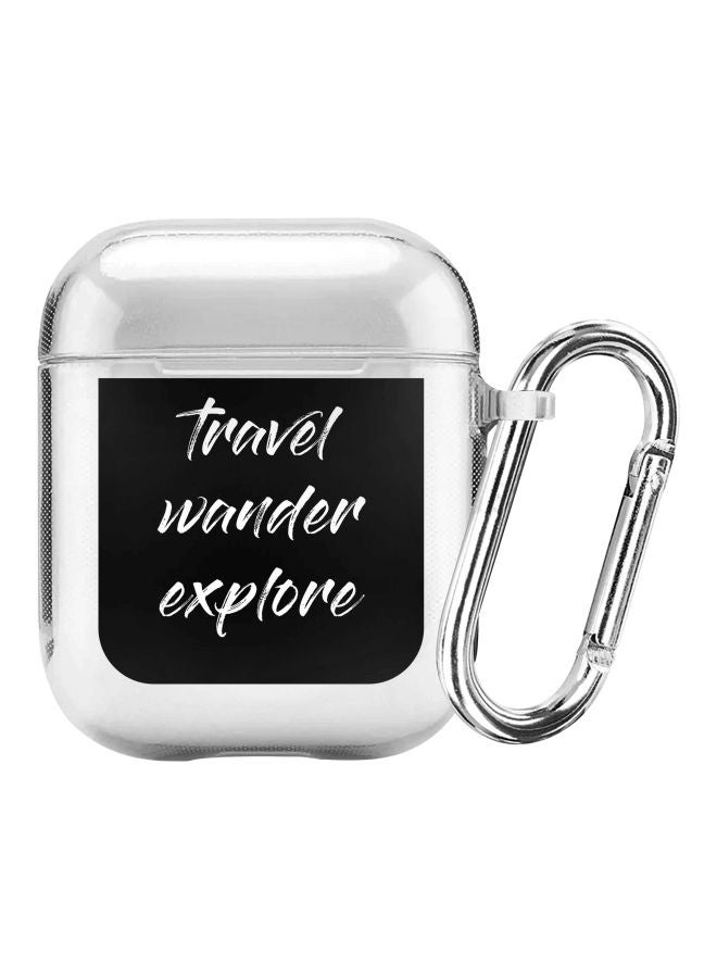 Stylizedd Classic Series Travel Wander Explore Printed Case Cover With Carabiner For Apple AirPods 1/2 Clear/Black/White - Image 1