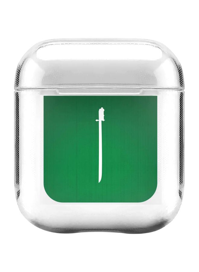 ستايلايزد غطاء حماية مزود بحلقة بطبعة سيف السعودية من سلسلة كلاسيك كلير لسماعات أبل آيربودز 1/2 شفاف/أبيض/أخضر - Image 1