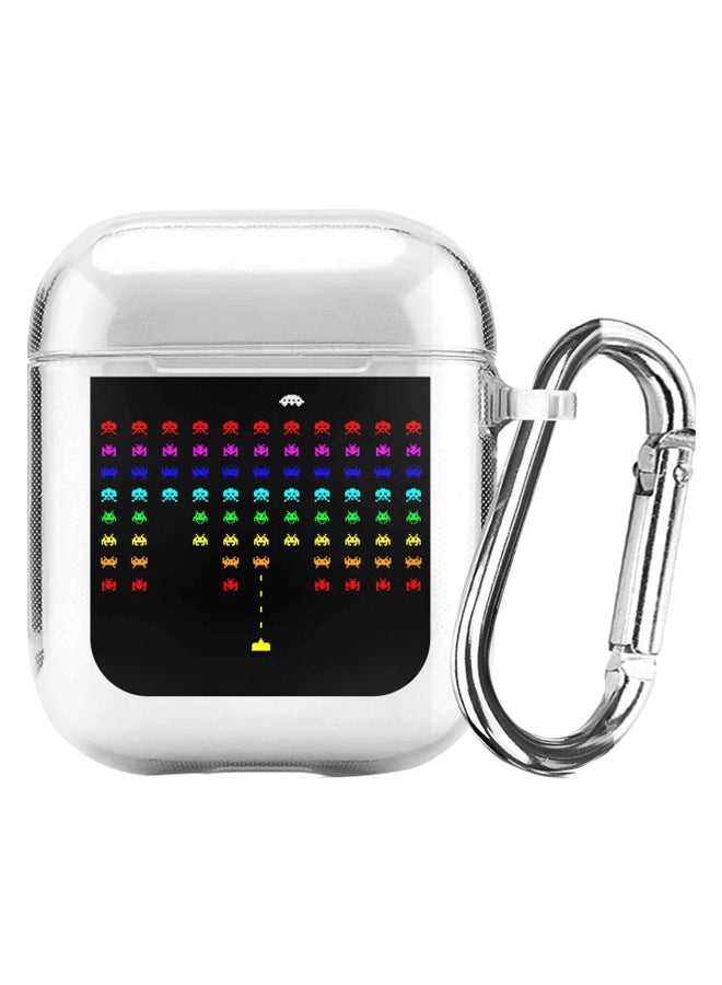 ستايلايزد غطاء حماية من سلسلة كلاسيك كلير بطبعة لعبة "Space Invader" مزودة بحلقة للتعليق لسماعات أبل آيربودز 2/1 شفاف/أسود/أزرق - Image 1