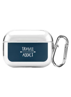 ستايلايزد حافظة حماية بطبعة تحمل عبارة "Travel Addict" من سلسلة كلاسيك مع حلقة بقفل زنبركي لهاتف أبل آيربودز برو شفاف/ أزرق/ أبيض  - Image 1