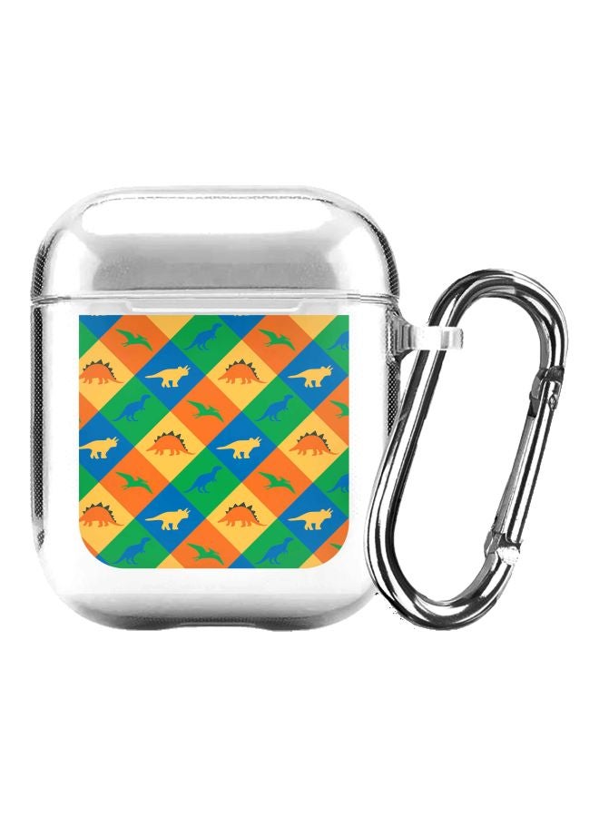 ستايلايزد غطاء حماية من سلسلة كلاسيك كلير بطبعة ديناصورات ومربعات ومزود بحلقة للتعليق لسماعات أبل آيربودز 2/1 شفاف/أخضر/برتقالي - Image 1