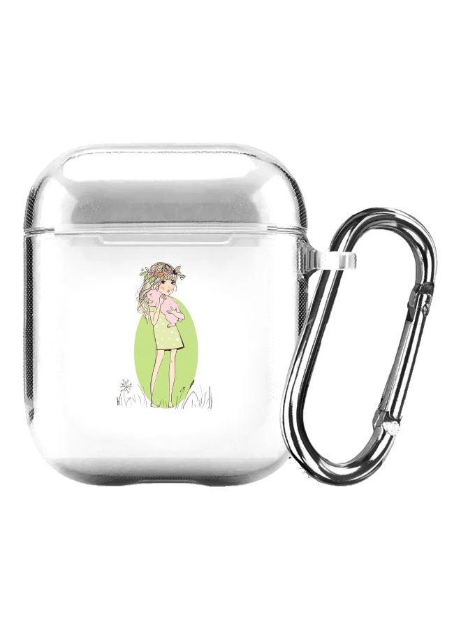 ستايلايزد غطاء حماية من سلسلة كلاسيك بطبعة فتاة تحتضن أرنب مزودة بحلقة للتعليق لسماعة أبل آيربودز 1/ 2 شفاف/ أخضر/ بيج - Image 1