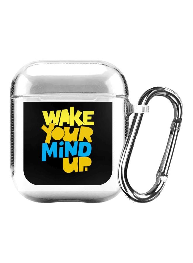 Classic Series Wake Your Mind Up Printed Case With Carabiner For Apple AirPods 2/1 Clear/Black/Yellow