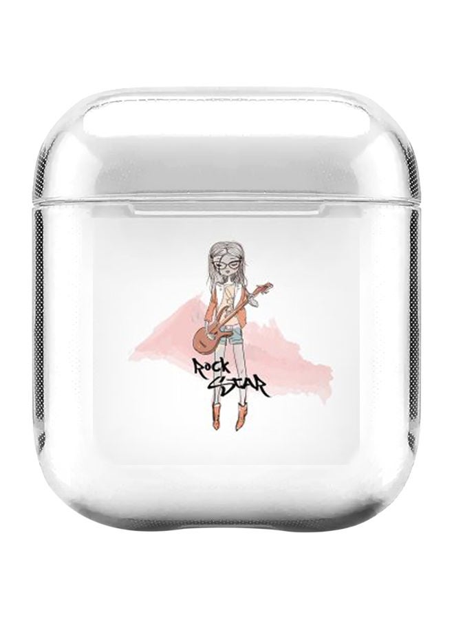 ستايلايزد علبة حماية من سلسلة كلاسيك ومطبوع عليها كلمة "Rockstar" وفتاة ومزودة بحلقة بقفل زنبركي لسماعات أبل آيربودز 2/ 1 شفاف/وردي/أسود - Image 1