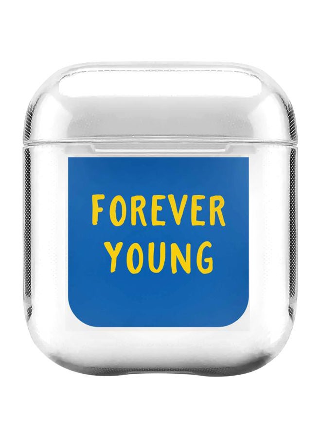 ستايلايزد غطاء حماية بطبعة عبارة "Forever Young" من سلسلة كلاسيك لسماعات أبل آيربودز 2/1 شفاف/ أزرق/ أصفر - Image 1