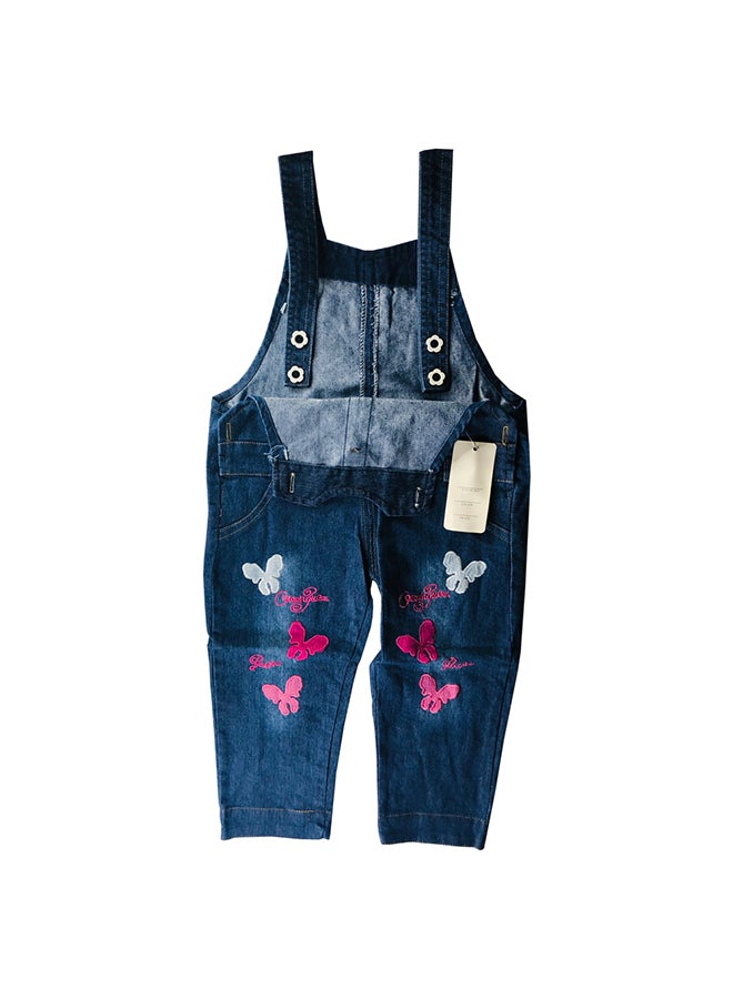 Butterfly Embroidered Denim Dungaree Blue/Pink - Image 3