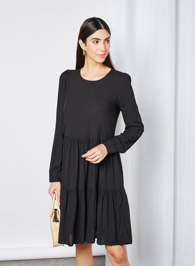 VERO MODA Tiered Hem Long Sleeve Dress Black  - Image 1