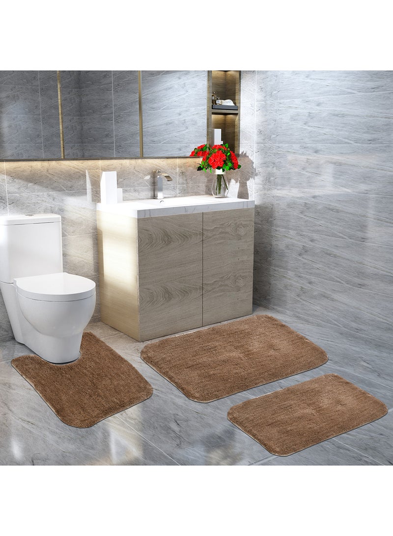 Xtromac Bath Mat Xtromac - 50 x 80cm & 43 x 60cm & Contour 48 x 60 cm - 100% Polyester - Bathroom Mat Economical 3 Piece Brown Large - 50 x 80cm, Small - 43 x 60cm, Contour - 48 x 60cm - Image 1