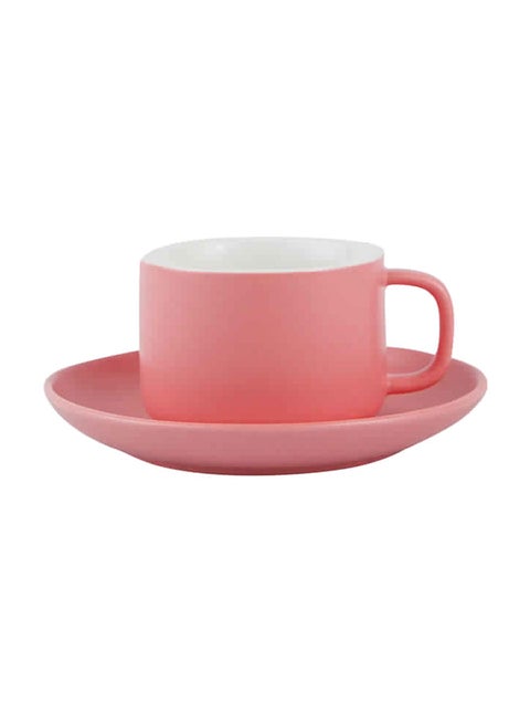 Glazed Ceramic Square Handle Cup And Saucer Pink