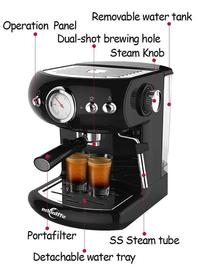 edoolffe - Espresso Machine Built-In Milk Frother 1.5 L 1050.0 W MD-2010A Black - Image 1
