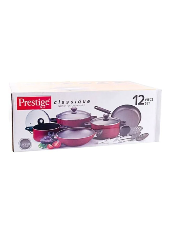 Prestige 12-Piece Classique Non-Stick Coating Durable Material Stylish and Elegant Design Multipurpose Cookware Set Includes Casserole With Glass Lid 20 cm, Casserole With Glass Lid 24 cm, Casserole With Glass Lid 28 cm, Wok28 cm, Skillet28 cm, Soup Ladle, Skimmer, Solid Spoon, High Backturner Red